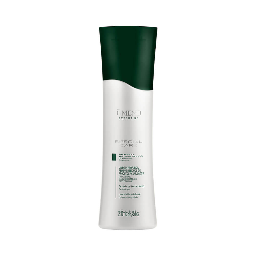 Frontal do shampoo Amend Expertise Special Care Antirresíduos em embalagem branca com tampa verde escura